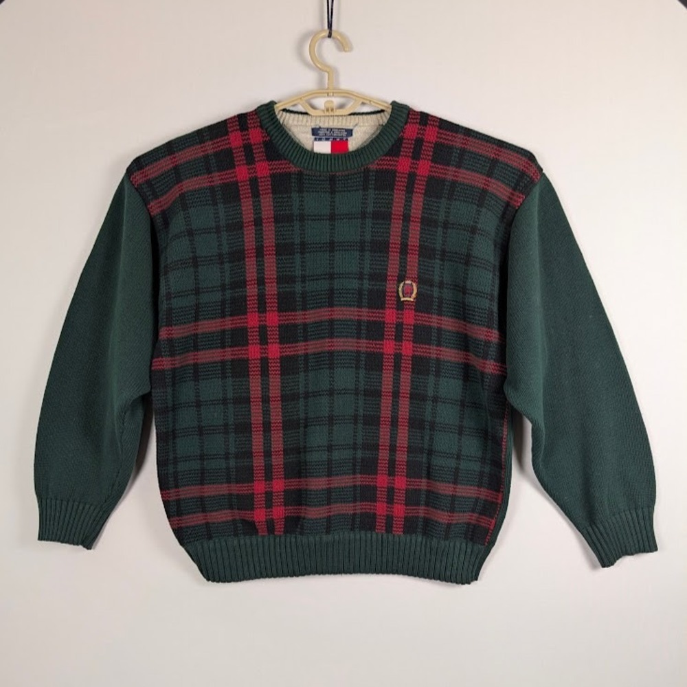 Tommy Hilfiger Mens XL Vintage Plaid Crewneck Sweater Green Red Cotton Knit